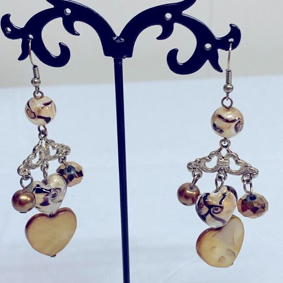 Vintage Earrings Gold/Brown Tone Mixed Media Mother of Pearl Aurora Borealis - Picture 1 of 6